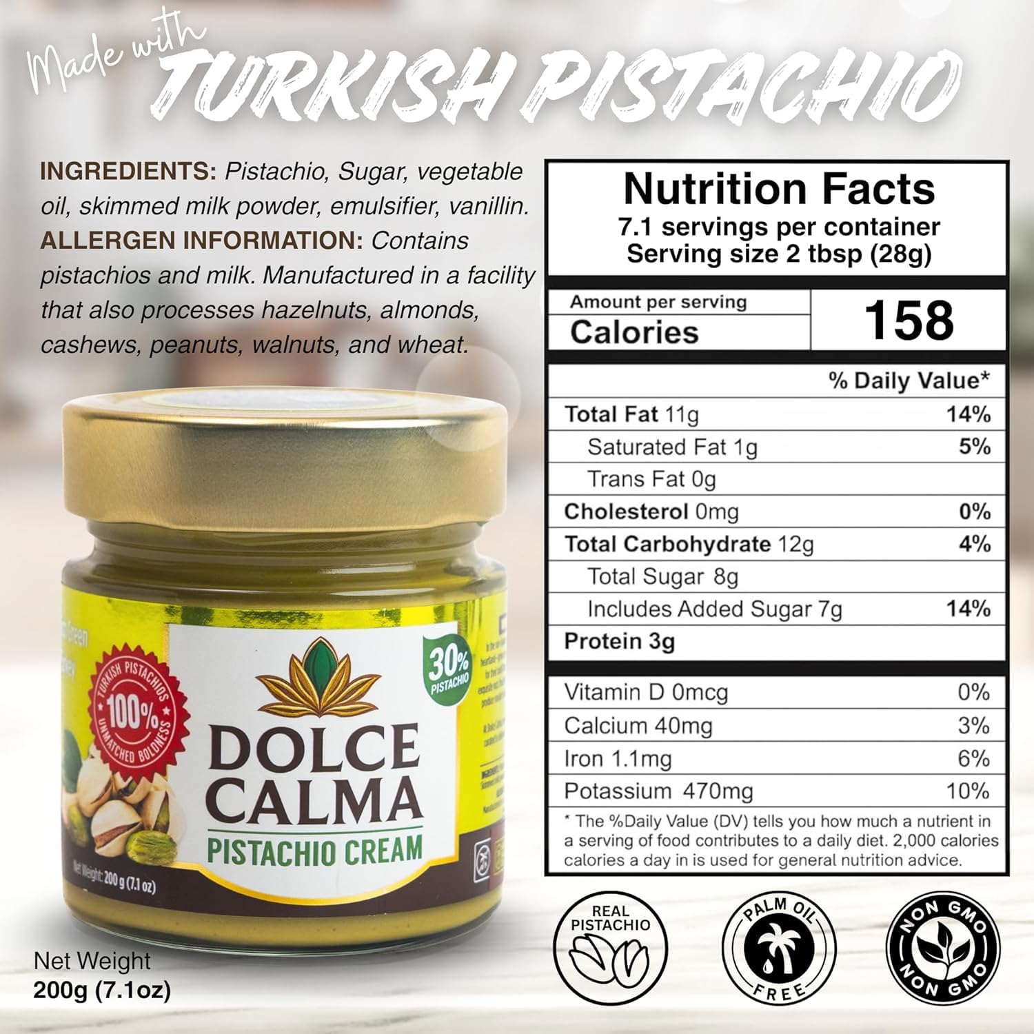 Dolce Calma pistachio cream spread shows 30% pistachios, perfect for rich fillings.