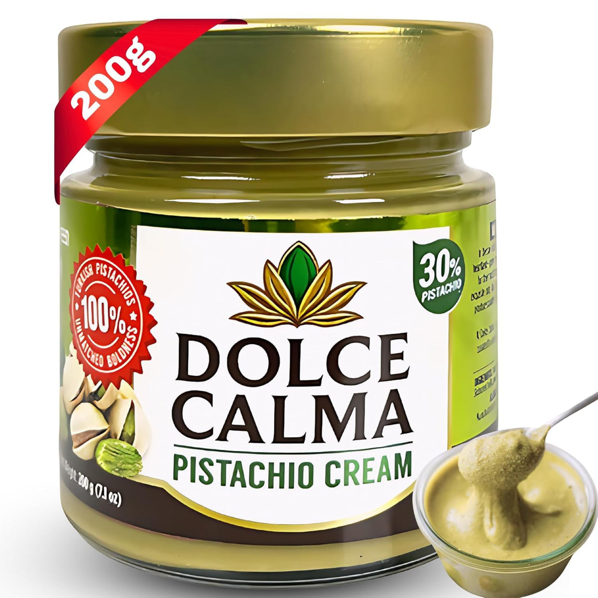 Dolce Calma pistachio cream spread in a glass jar, ideal for toast.