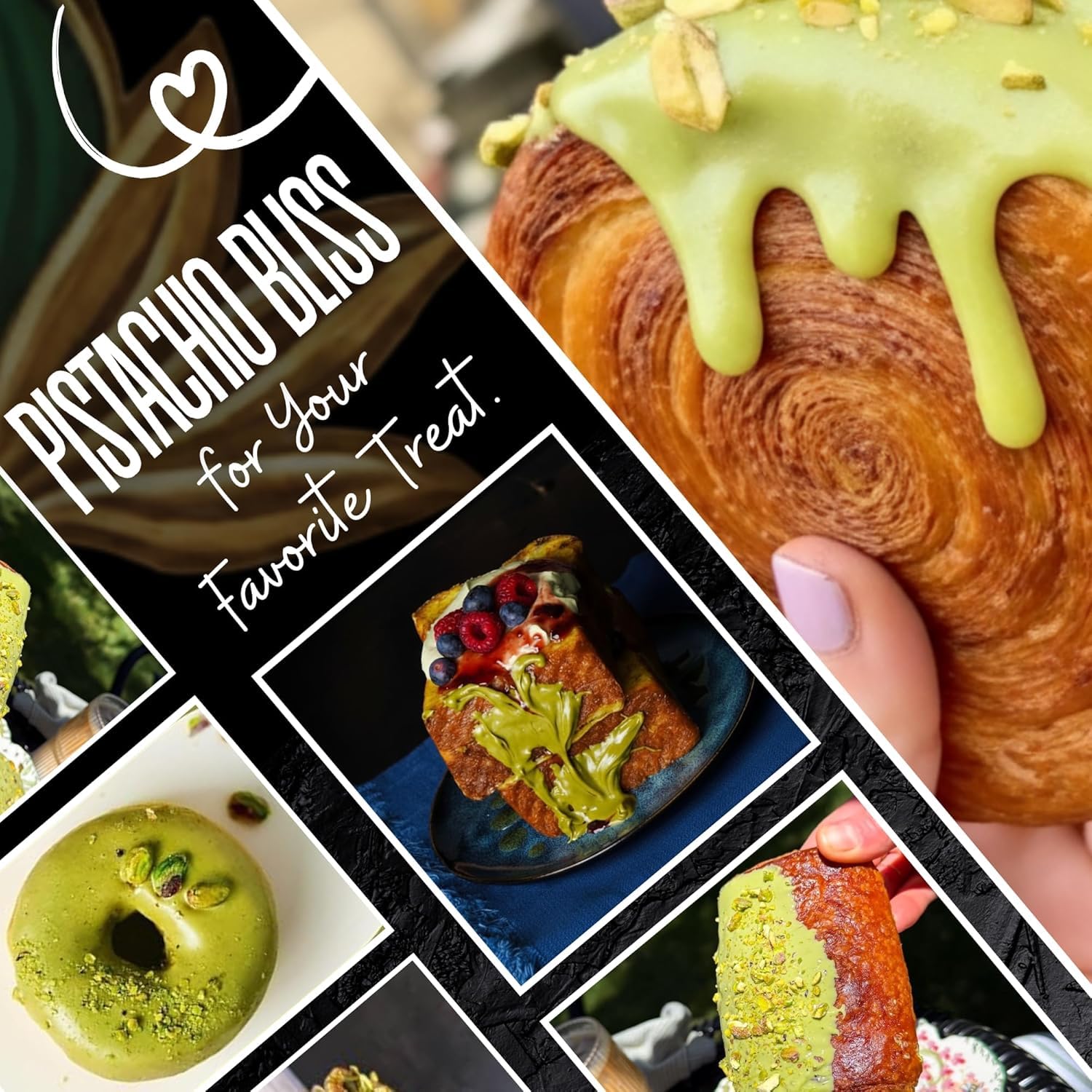 Croissant and tart fillings with Dolce Calma pistachio cream for gourmet flavor.