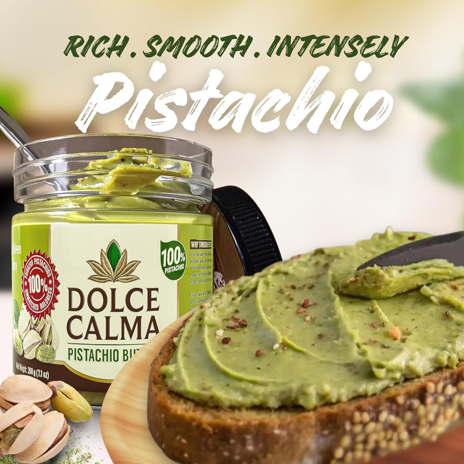 Dolce Calma pistachio spread enhances coffee drinks with subtle nuttiness.