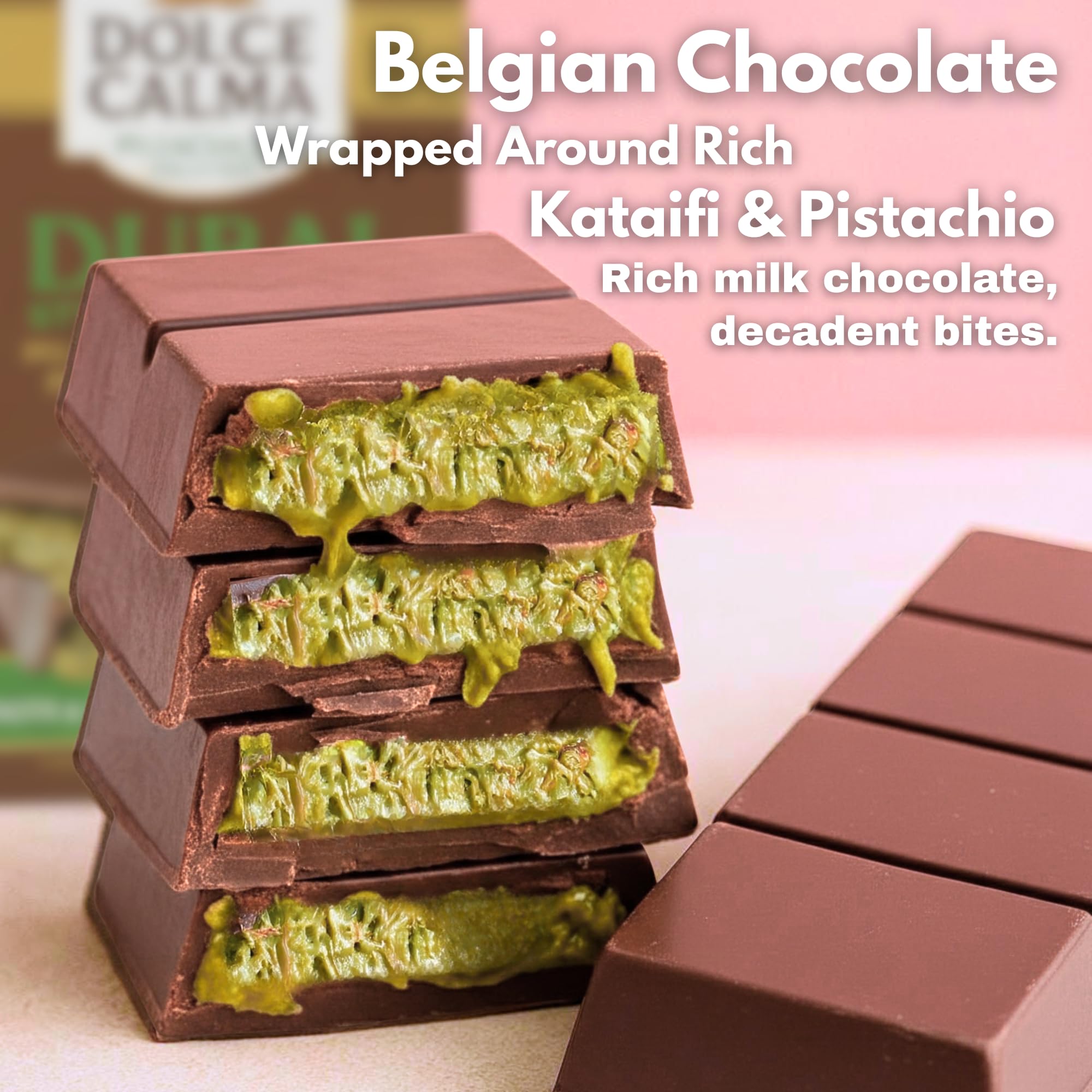 Dolce Calma pistachio ganache layer close-up, rich flavor ideal for celebrations.