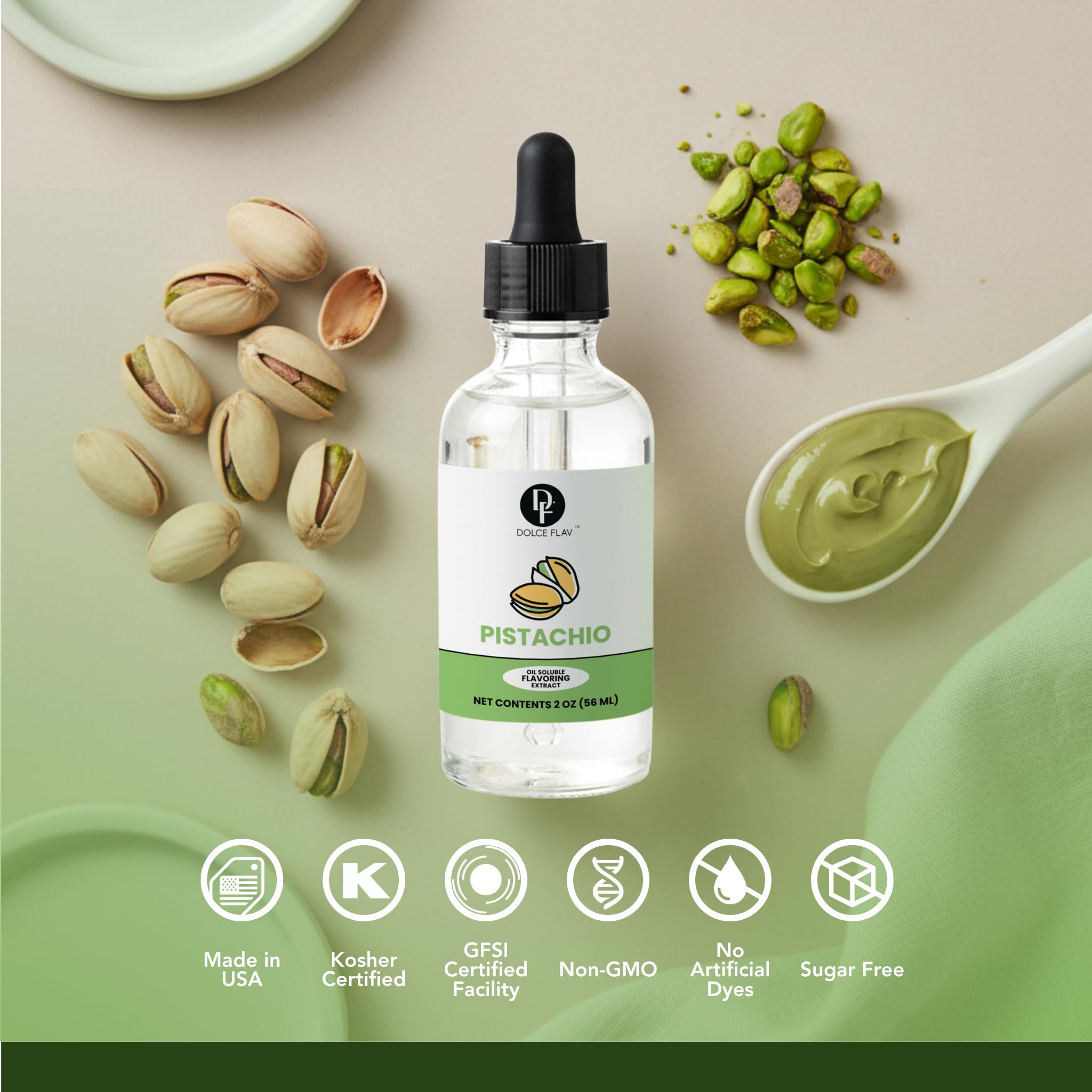 Dolce Flav 2-oz bottle closeup showcases premium pistachio oil quality.