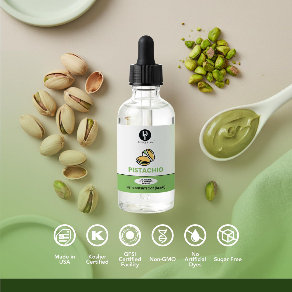Dolce Flav 2-oz bottle closeup showcases premium pistachio oil quality.
