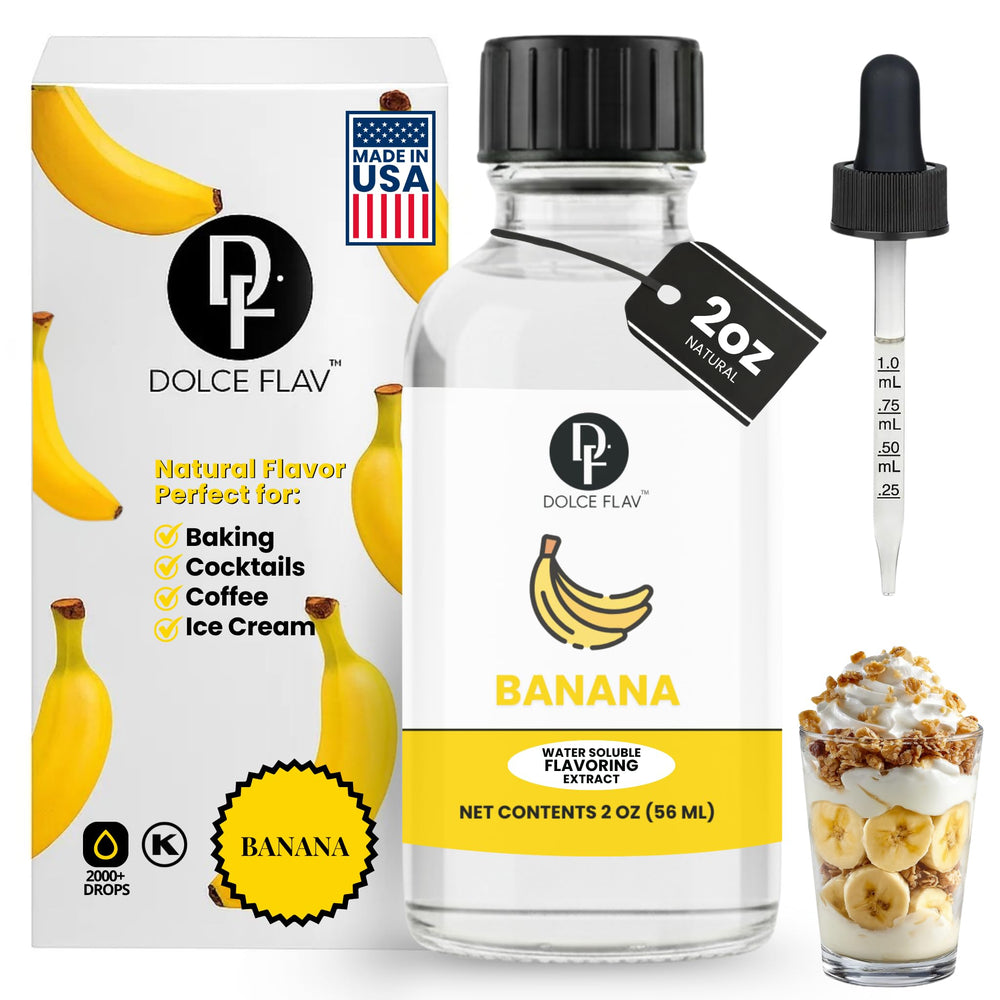 Dolce Flav banana extract bottle pour for bold baking flavor.