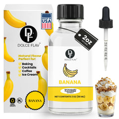 Dolce Flav banana extract bottle pour for bold baking flavor.