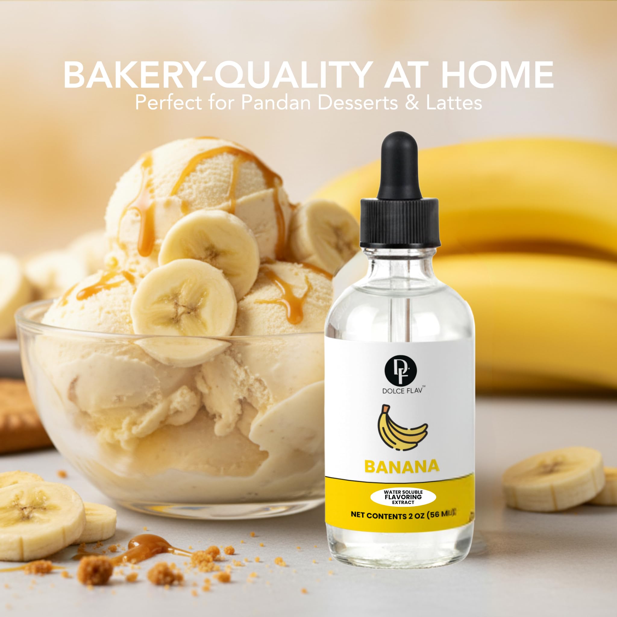 Dolce Flav kosher-certified label on banana extract bottle.