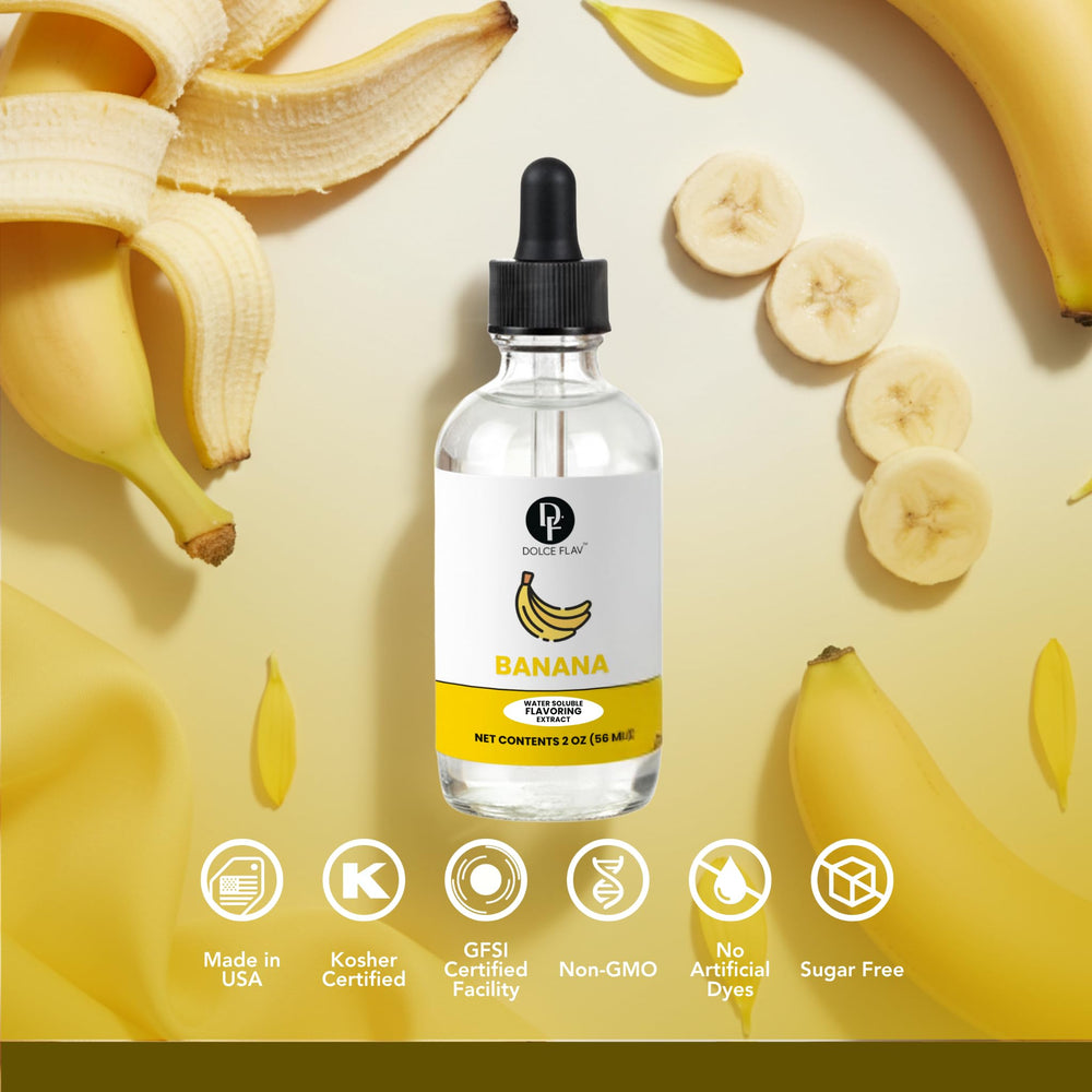 Dolce Flav banana extract drops in batter for consistent results.