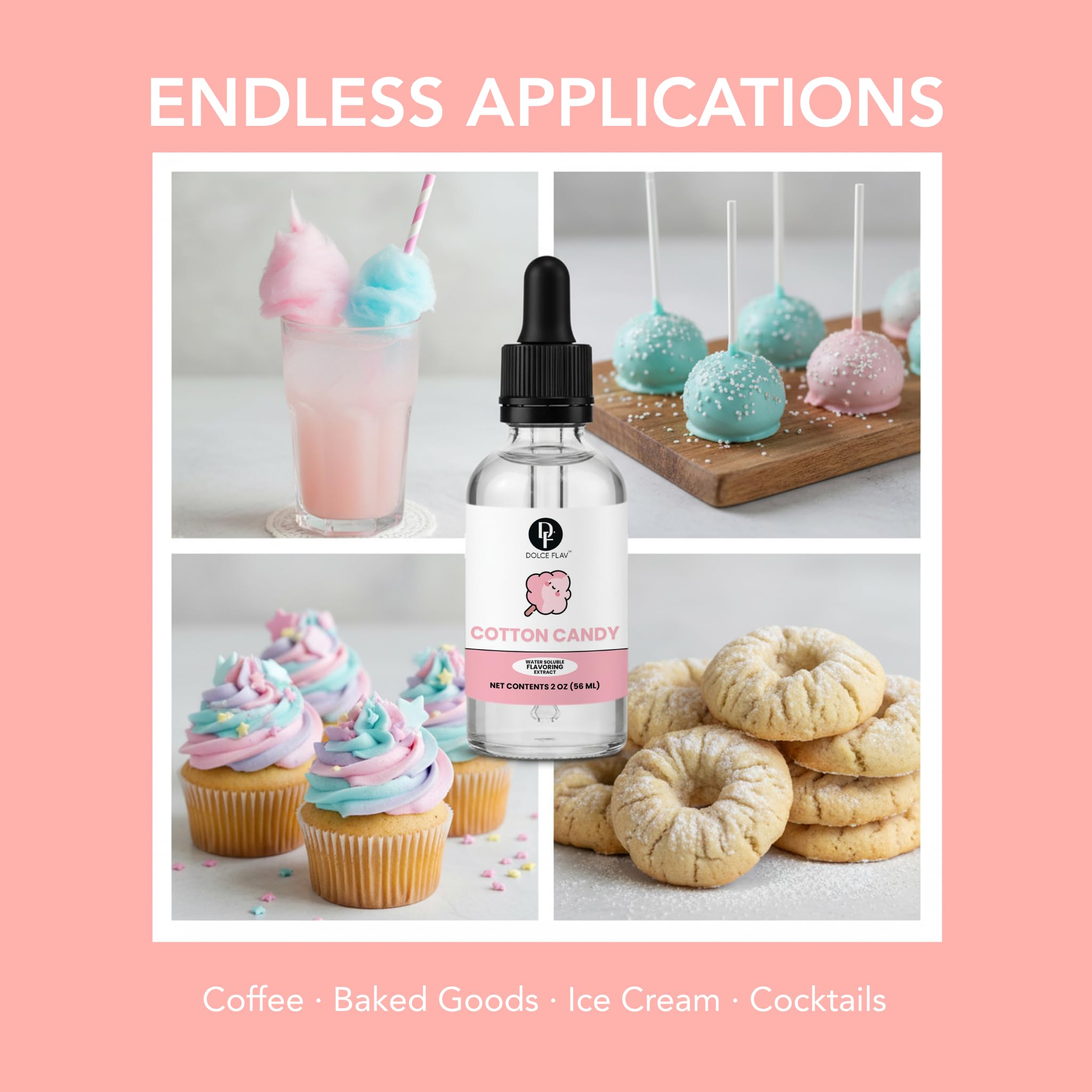 Chilled beverage enhanced with Dolce Flav cotton candy flavor infusion.