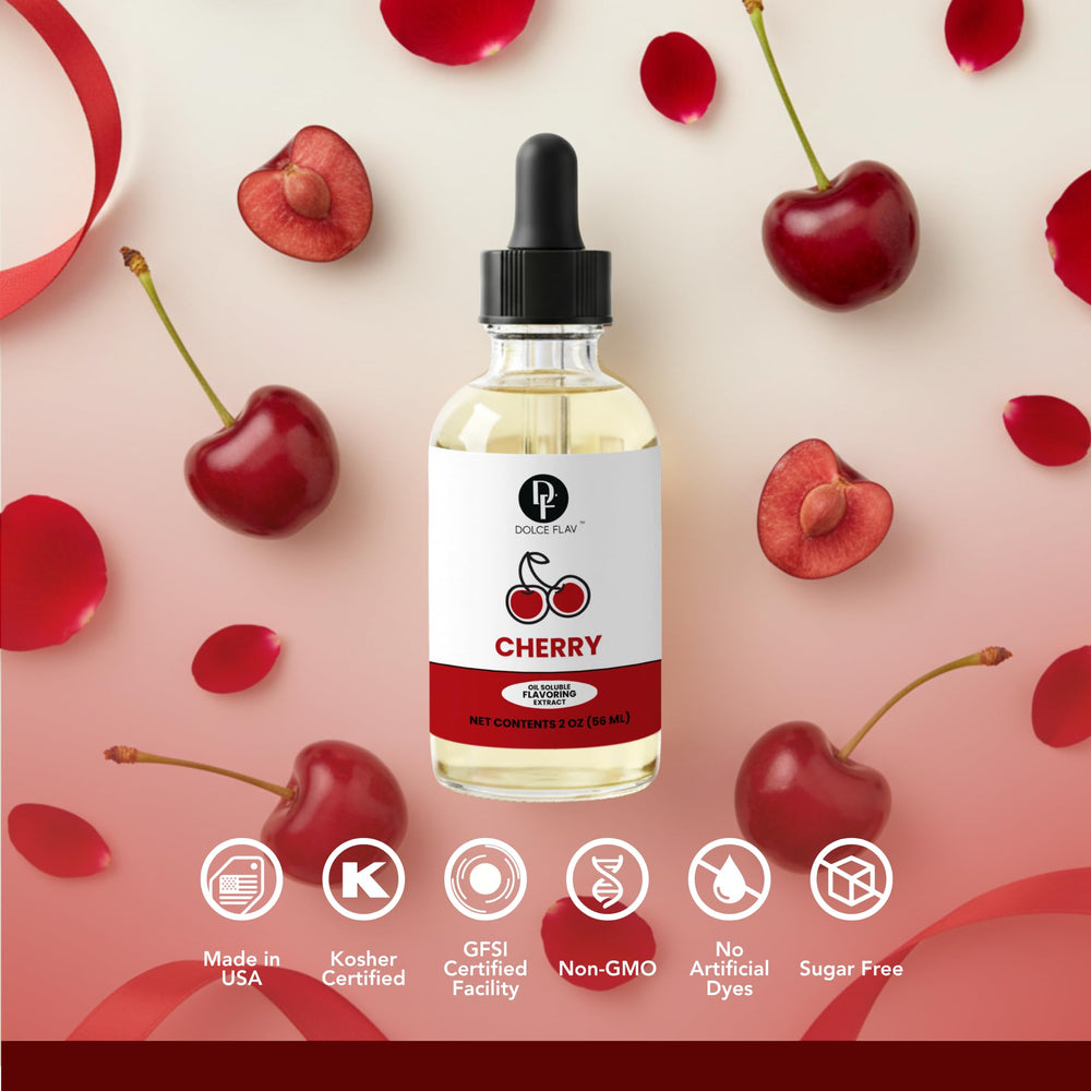Dolce Flav Cherry Extract used in a mixing bowl for pastries.