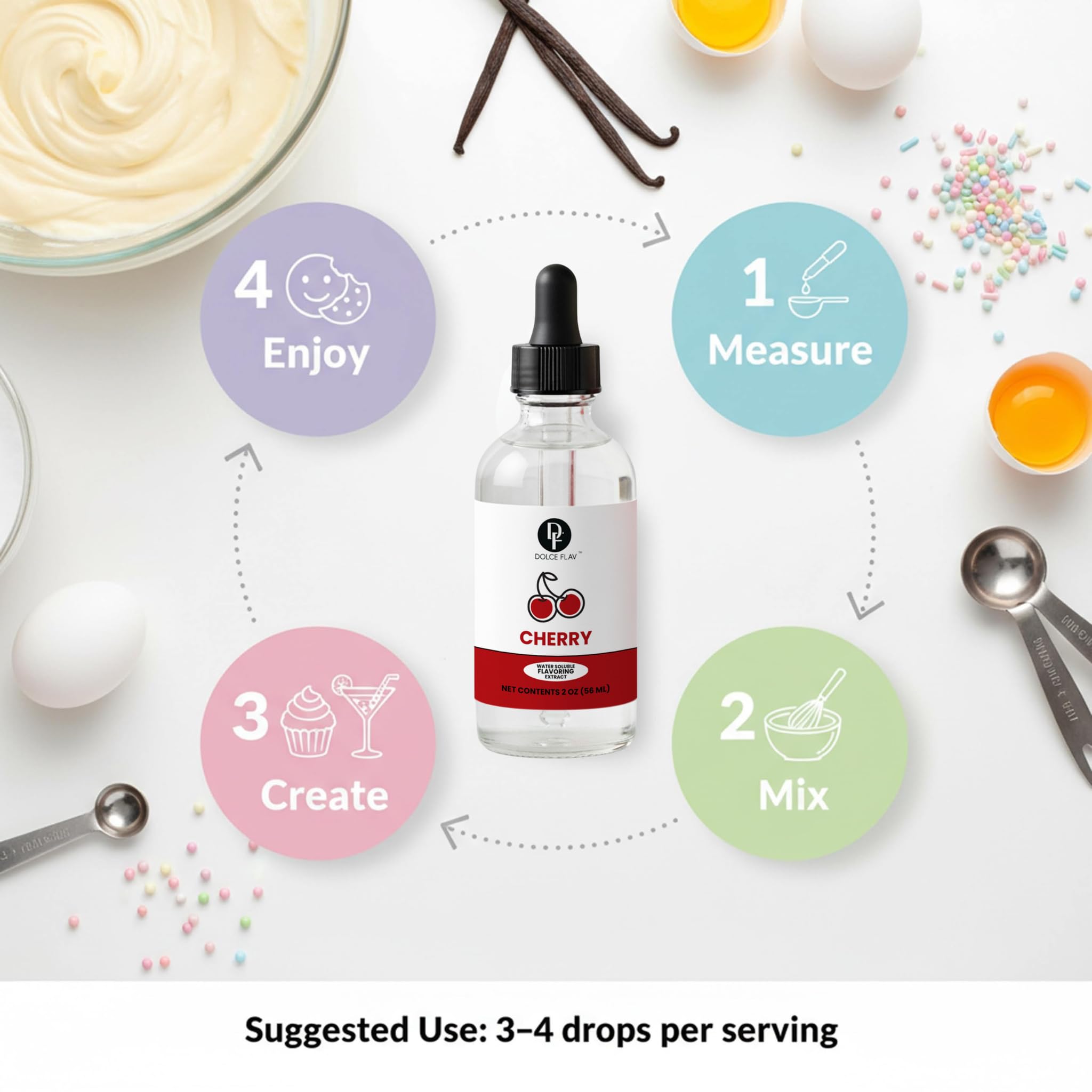 Dolce Flav cherry extract closeup highlighting premium USA-made formula.