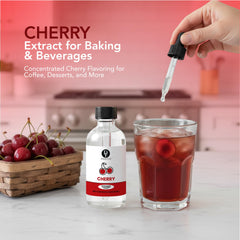 Dolce Flav cherry extract bottle on kitchen counter ready to flavor desserts.