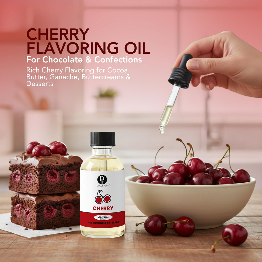 Dolce Flav Cherry Extract bottle with label detail for oil-based recipes.