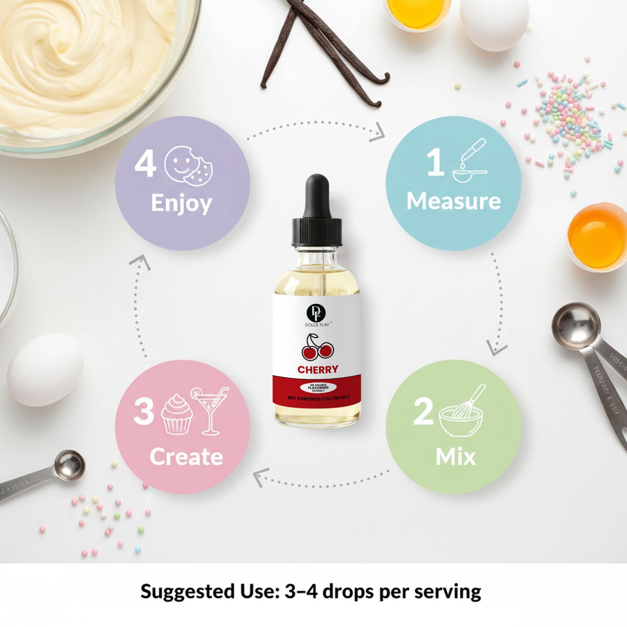Dolce Flav Cherry Extract kitchen scene ready for recipe testing.
