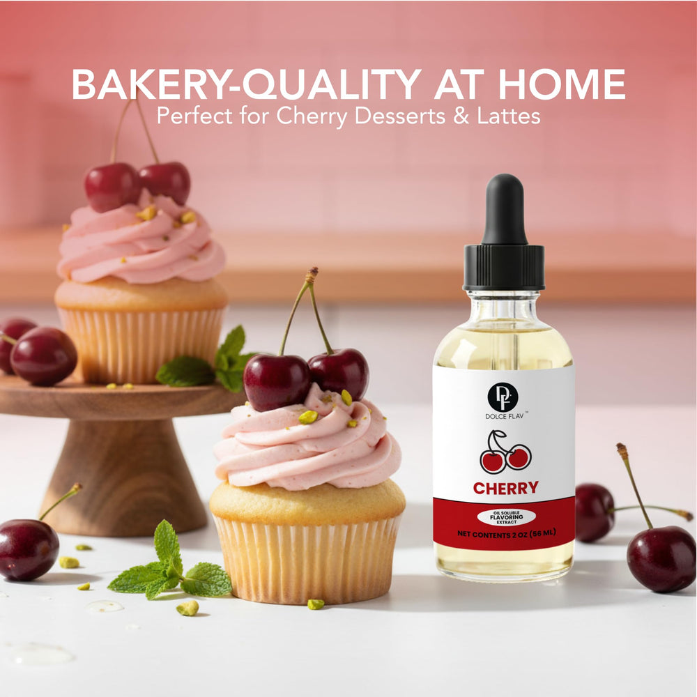Dolce Flav Cherry Extract label close-up highlighting purity.