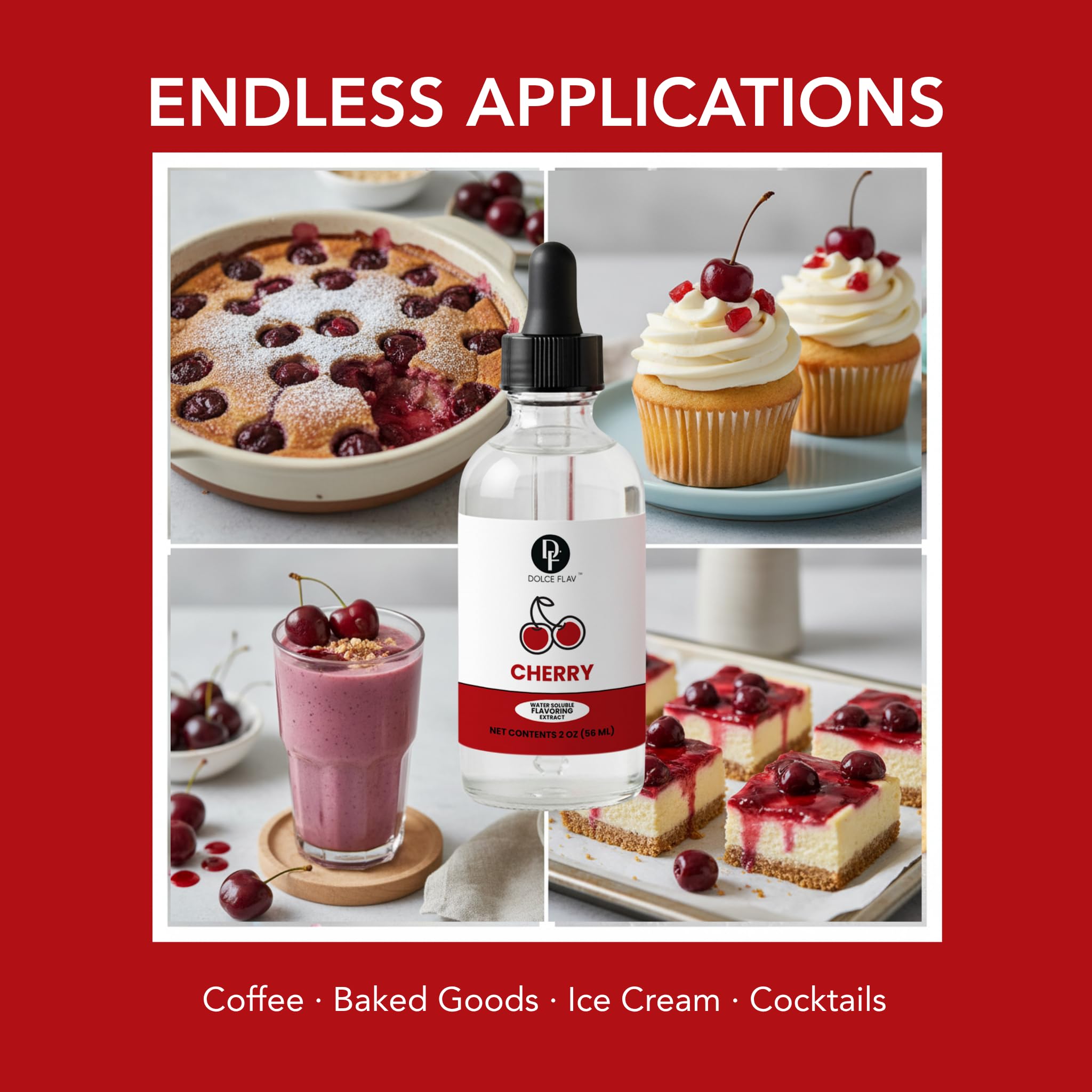 Dolce Flav cherry flavor drops dispense easily for batters and frostings.