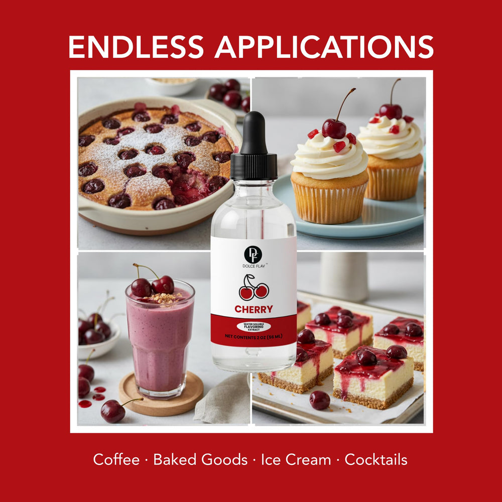 Dolce Flav cherry flavor drops dispense easily for batters and frostings.