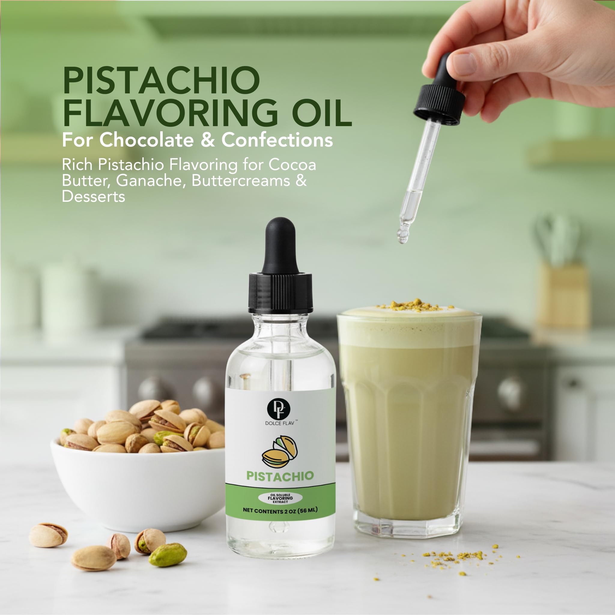 Dolce Flav chocolate truffles with pistachio oil benefit from refined pistachio aroma.