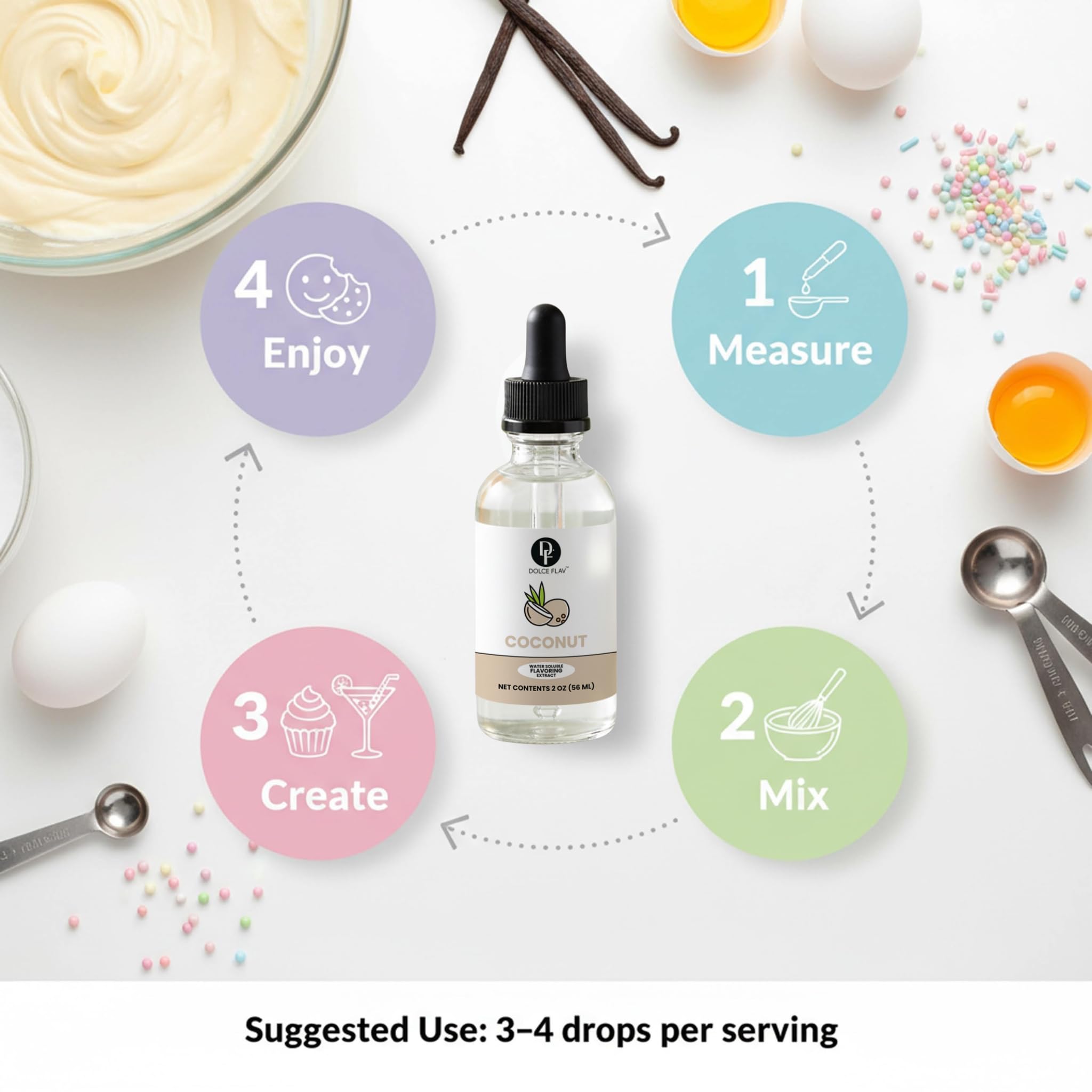 Dolce Flav coconut extract is a versatile flavoring for sauces and desserts.
