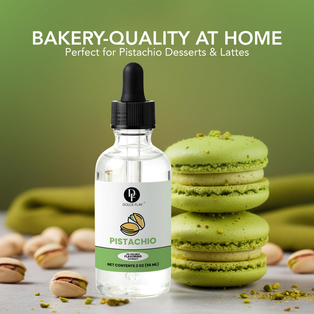 Dolce Flav dessert setup highlights pistachio flavoring in pastries.