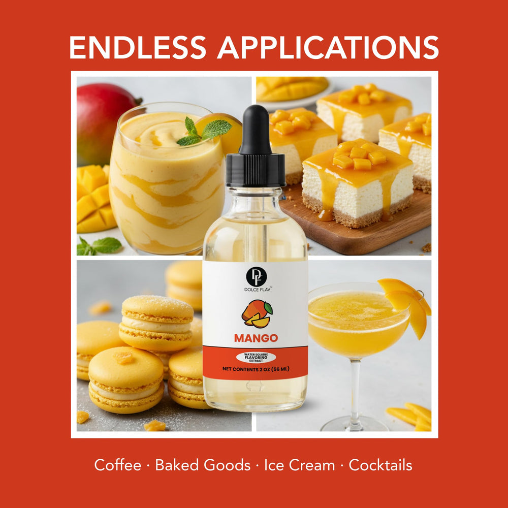 Beverages enhanced with Dolce Foglia Mango Extract, a versatile tropical flavoring.