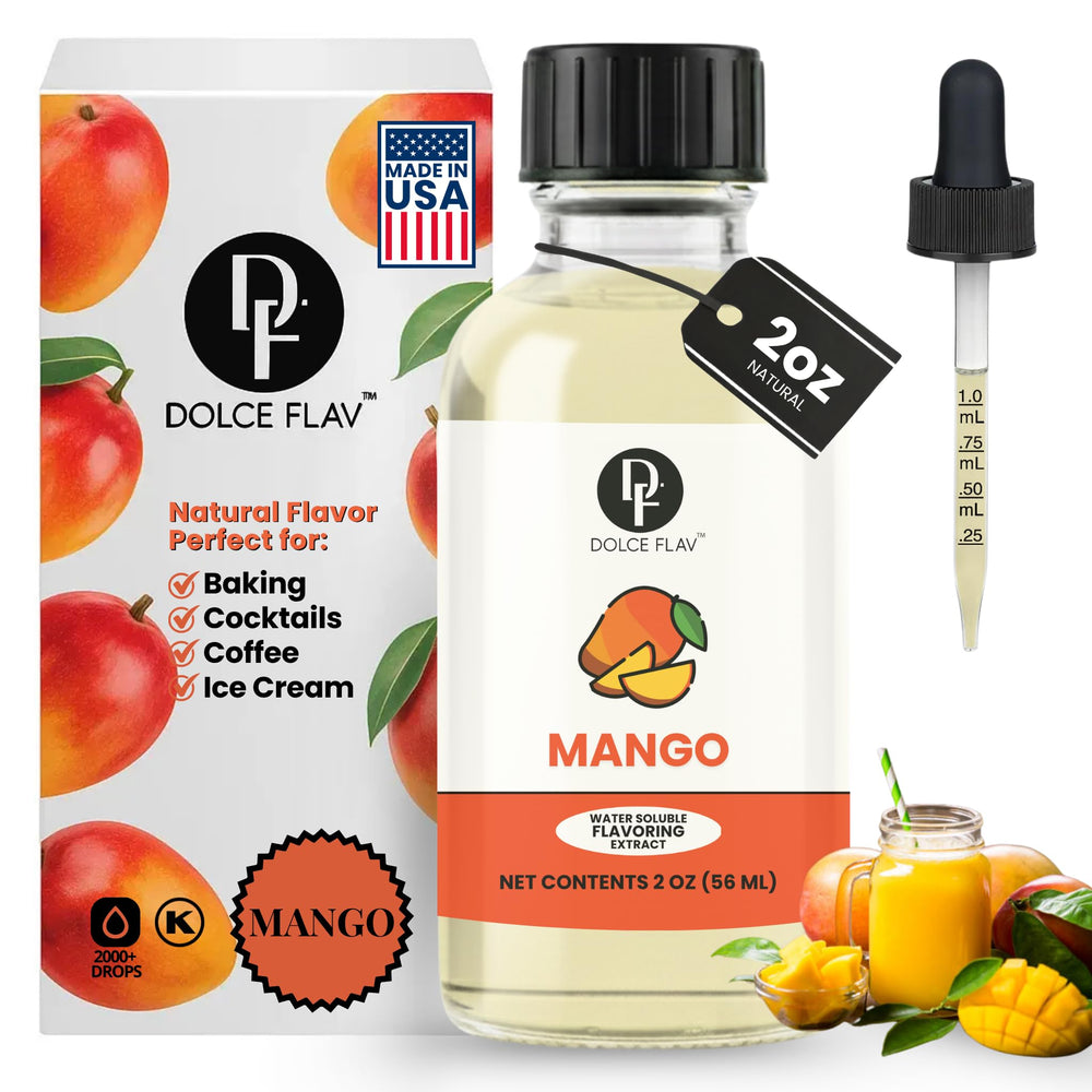 Dolce Foglia Mango Extract bottle shows alcohol-free mango flavor for baking and drinks.