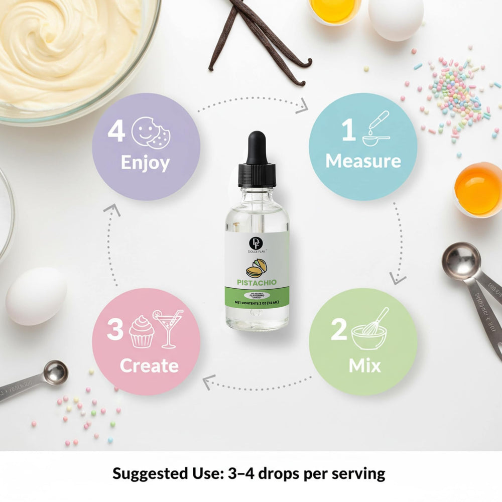 Dolce Flav gourmet cakes elevated by pistachio oil flavoring for depth.