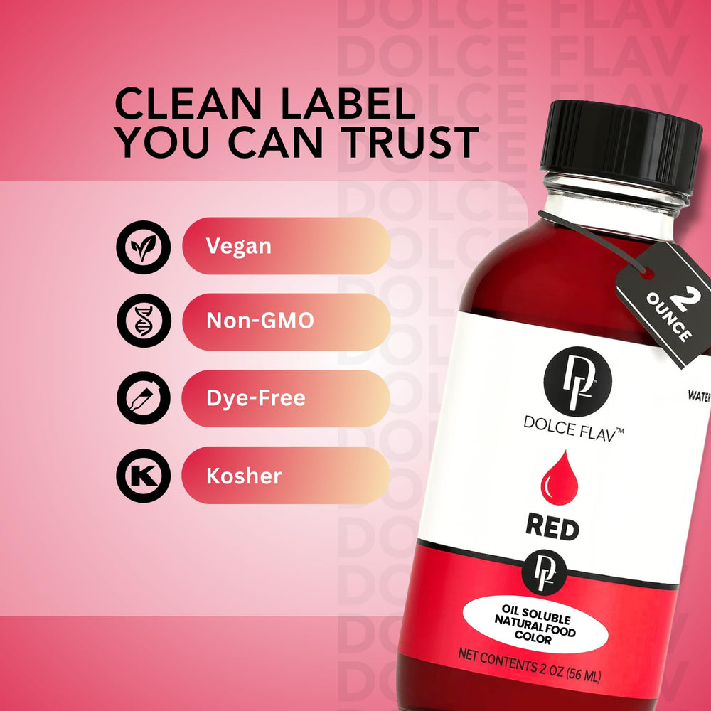 Dolce Flav graduated dropper included for precise color dosing in cooking.