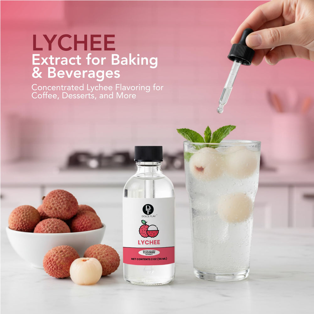 Dolce Flav Lychee Extract bottle pour capturing vibrant lychee aroma.