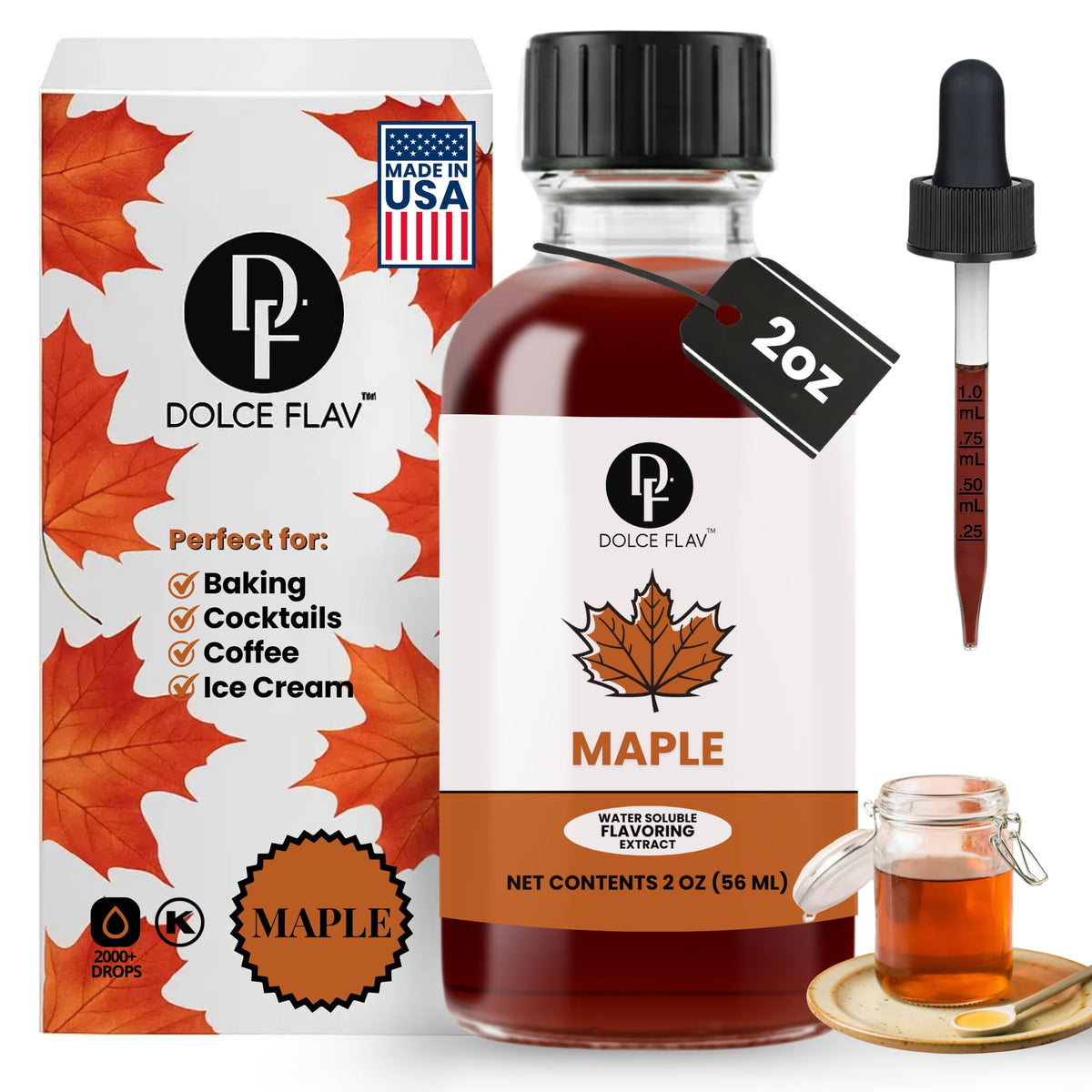 Dolce Flav Maple Extract bottle with dropper for precise flavoring in desserts