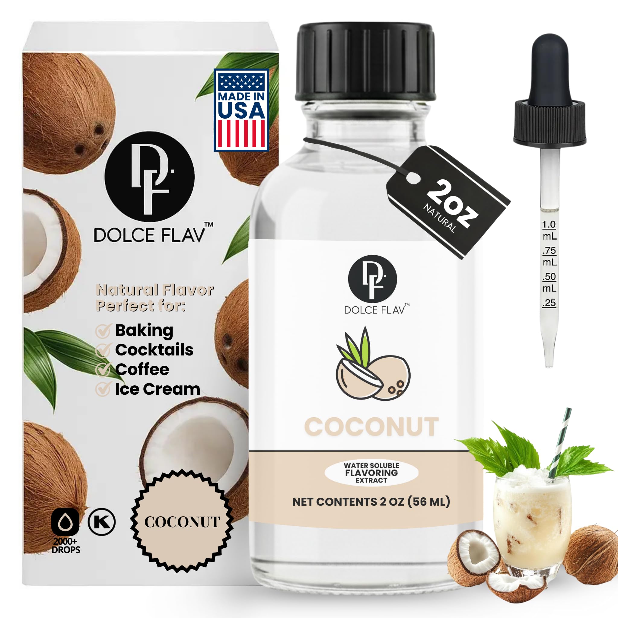 Dolce Flav coconut extract bottle pour for vivid tropical flavor in baked goods.