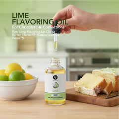 Close-up pouring Dolce Flav lime extract for vibrant citrus aroma
