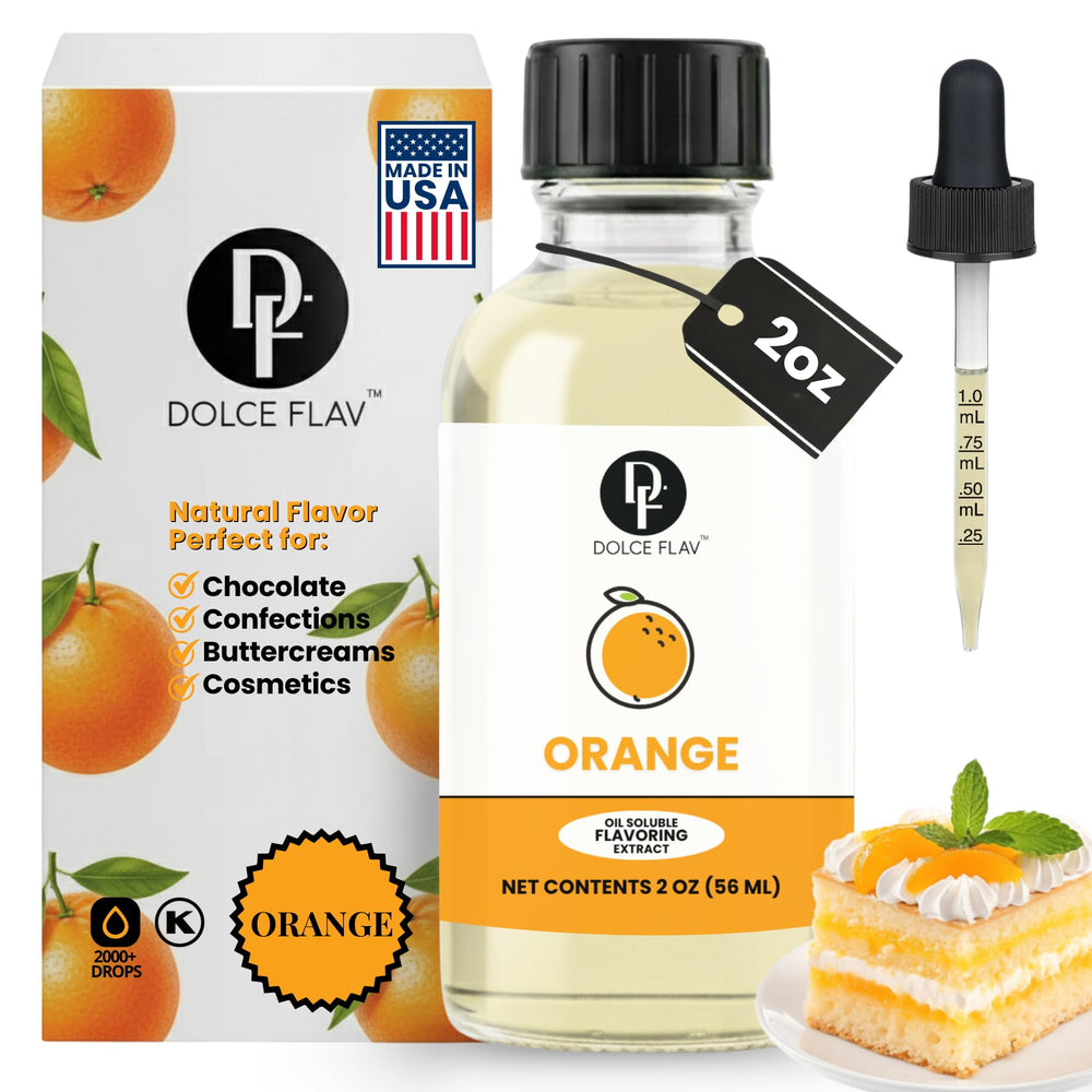 Dolce Flav natural orange extract bottle showing concentrated flavor for baking and desserts.