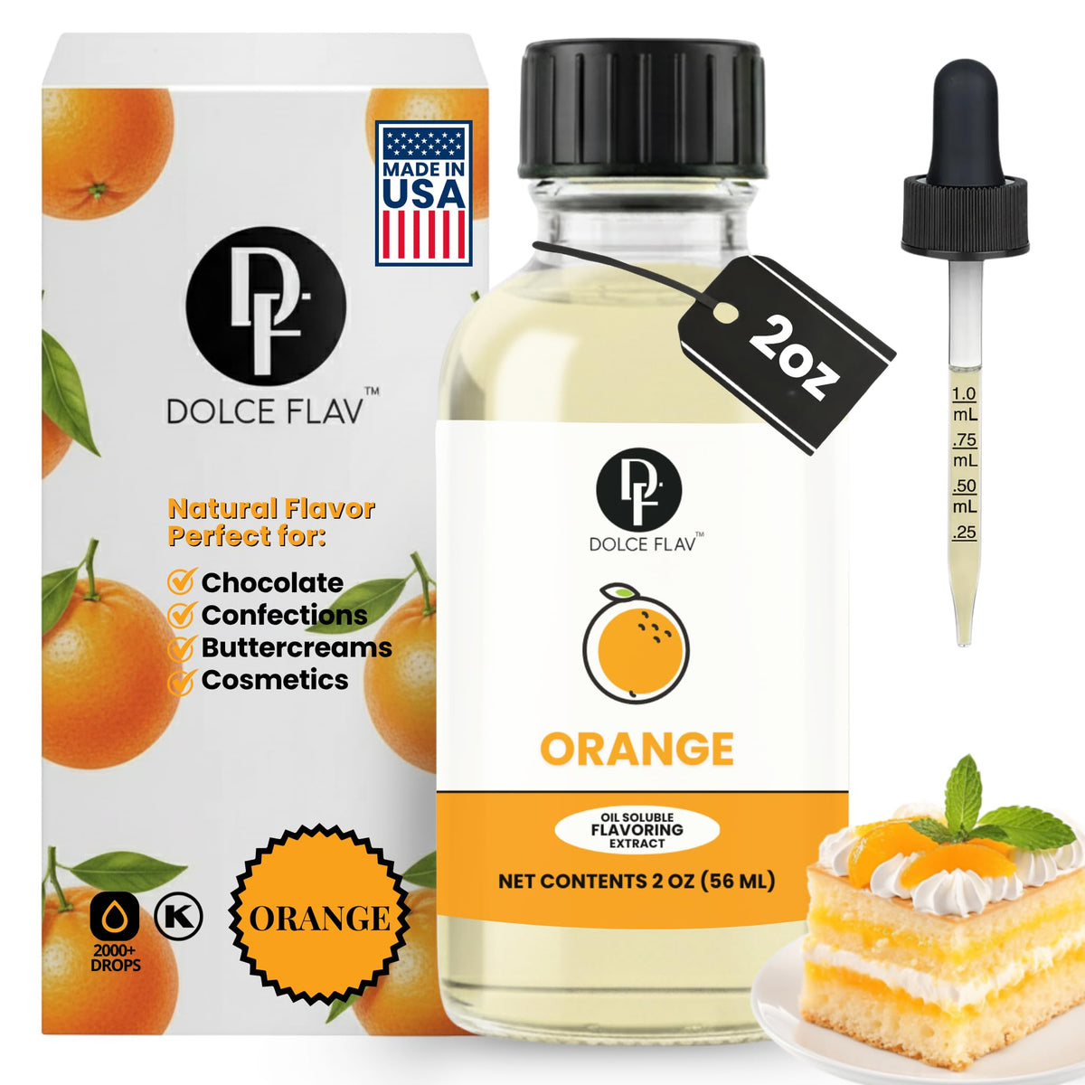 Dolce Flav natural orange extract bottle showing concentrated flavor for baking and desserts.