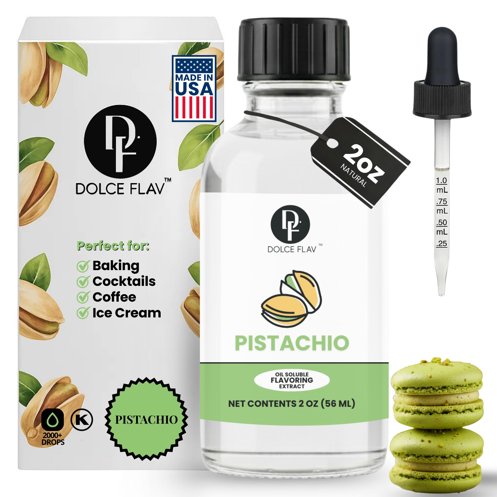 Dolce Flav natural pistachio oil flavoring bottle enhances chocolate with authentic pistachio notes.