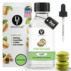 Dolce Flav natural pistachio oil flavoring bottle enhances chocolate with authentic pistachio notes.