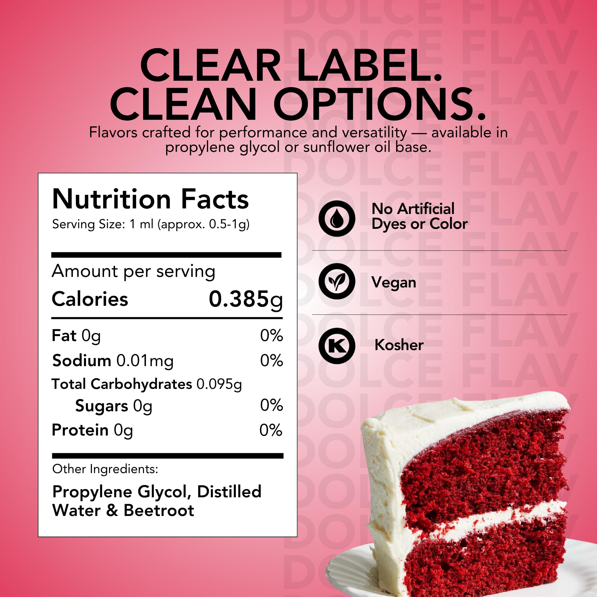 Dolce Flav natural red coloring bottle close-up highlights beet-derived pigment for beverages.