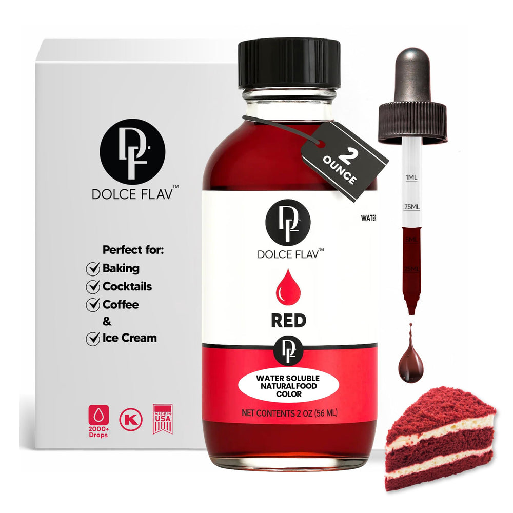 Dolce Flav natural red coloring dropper bottle shows clean-label, plant-based color for desserts.