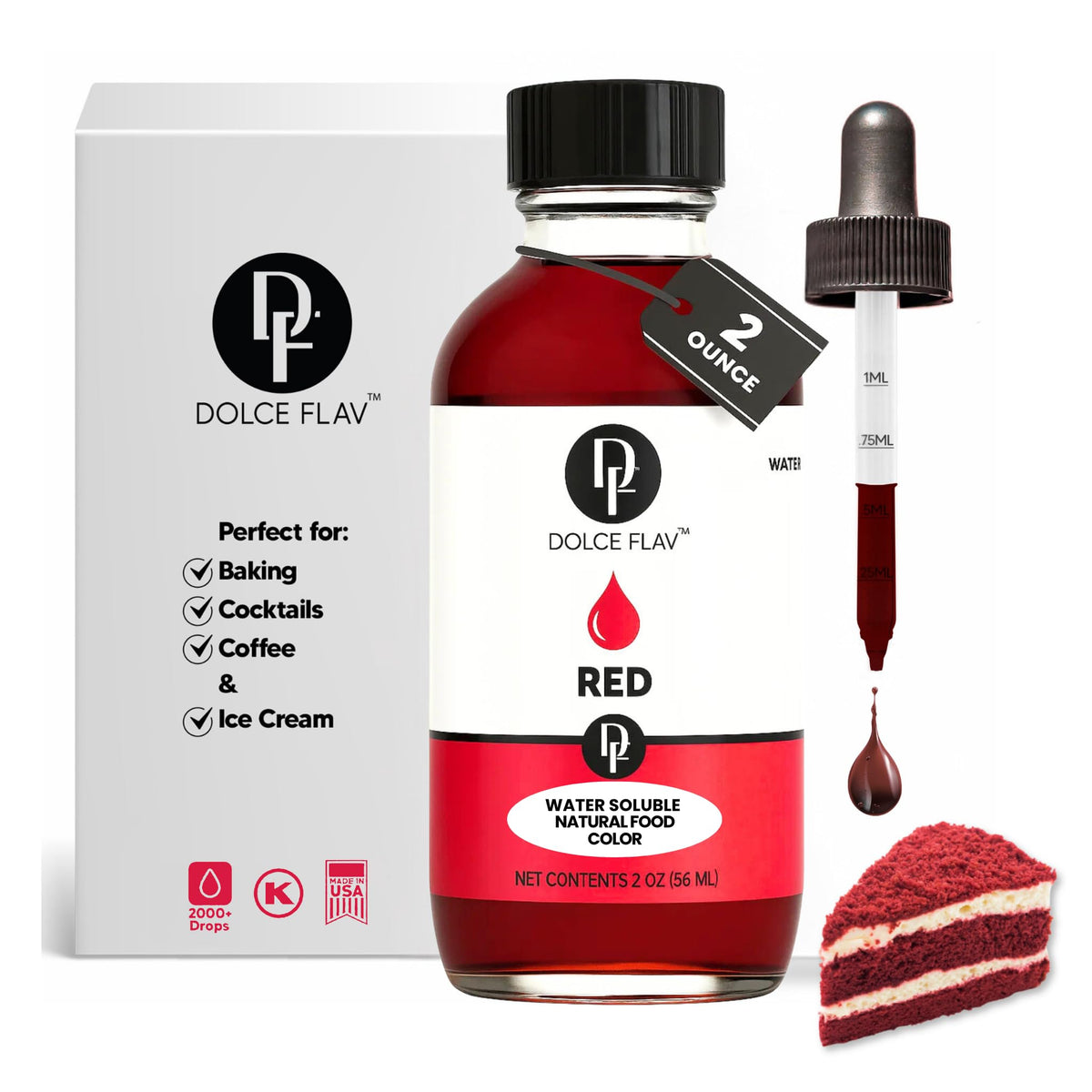 Dolce Flav natural red coloring dropper bottle shows clean-label, plant-based color for desserts.