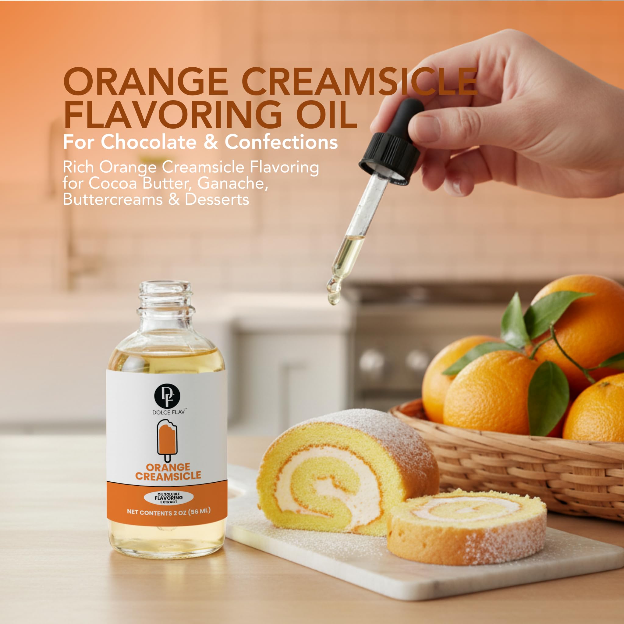 Dolce Flav extract measured dropper enabling precise flavoring in confections.