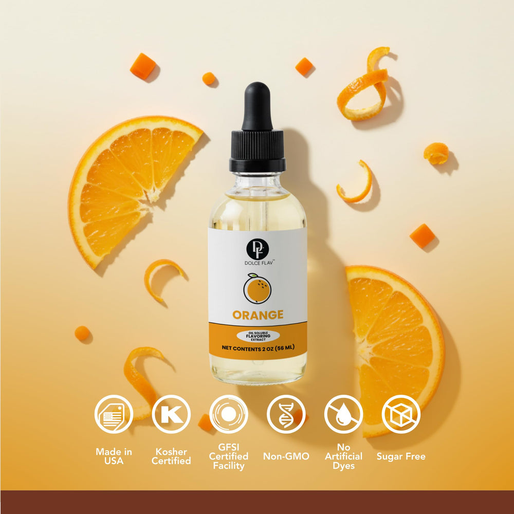 Dolce Flav orange dessert assembly featuring vibrant flavor in pastries and treats.