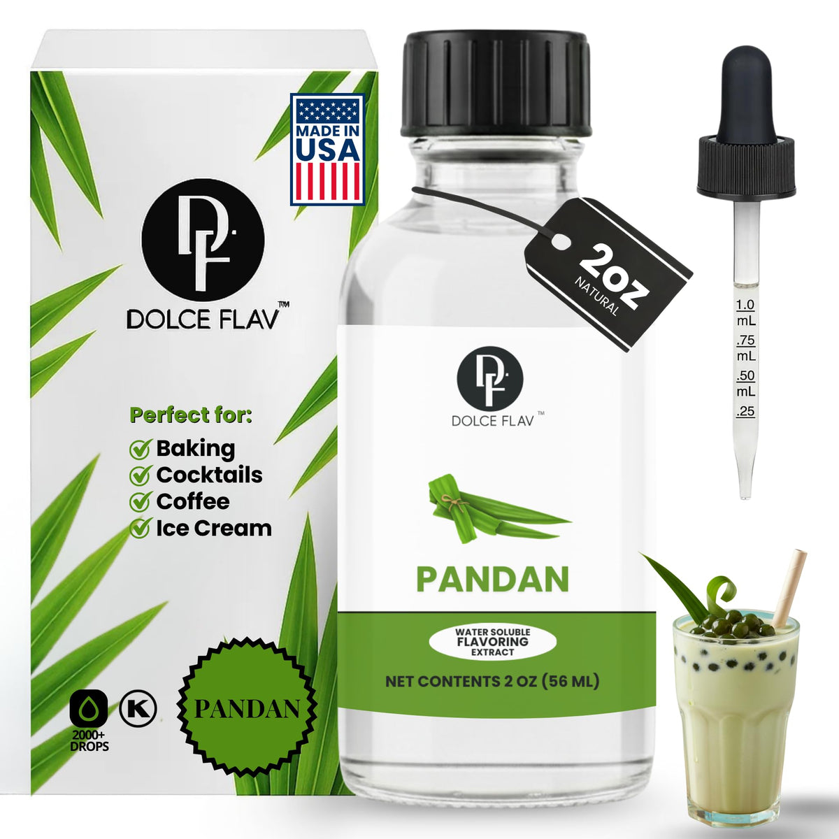 Dolce Flav Pandan Extract bottle with water-soluble formula for easy mixing.