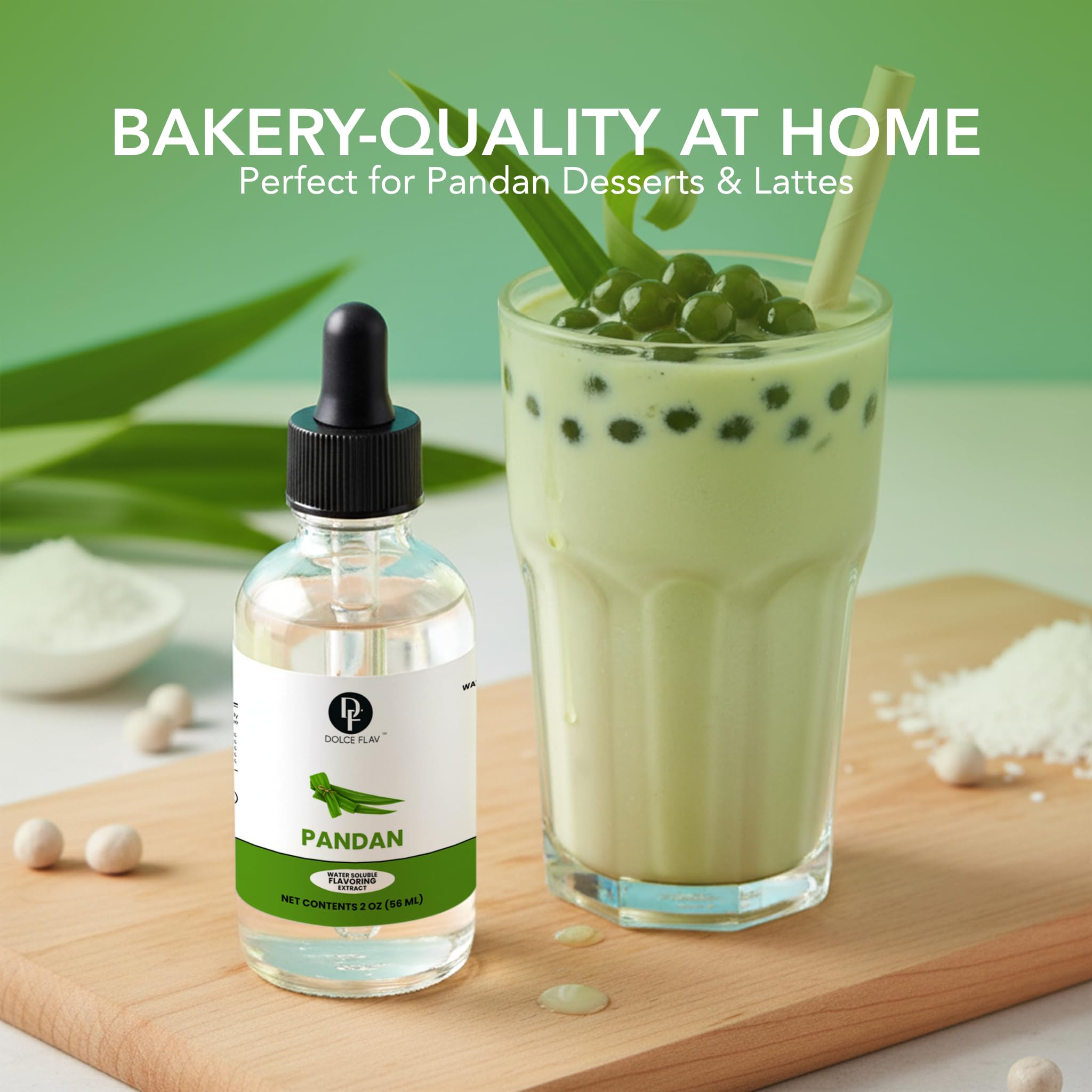 Syrup or beverage shown with pandan flavor from Dolce Flav.