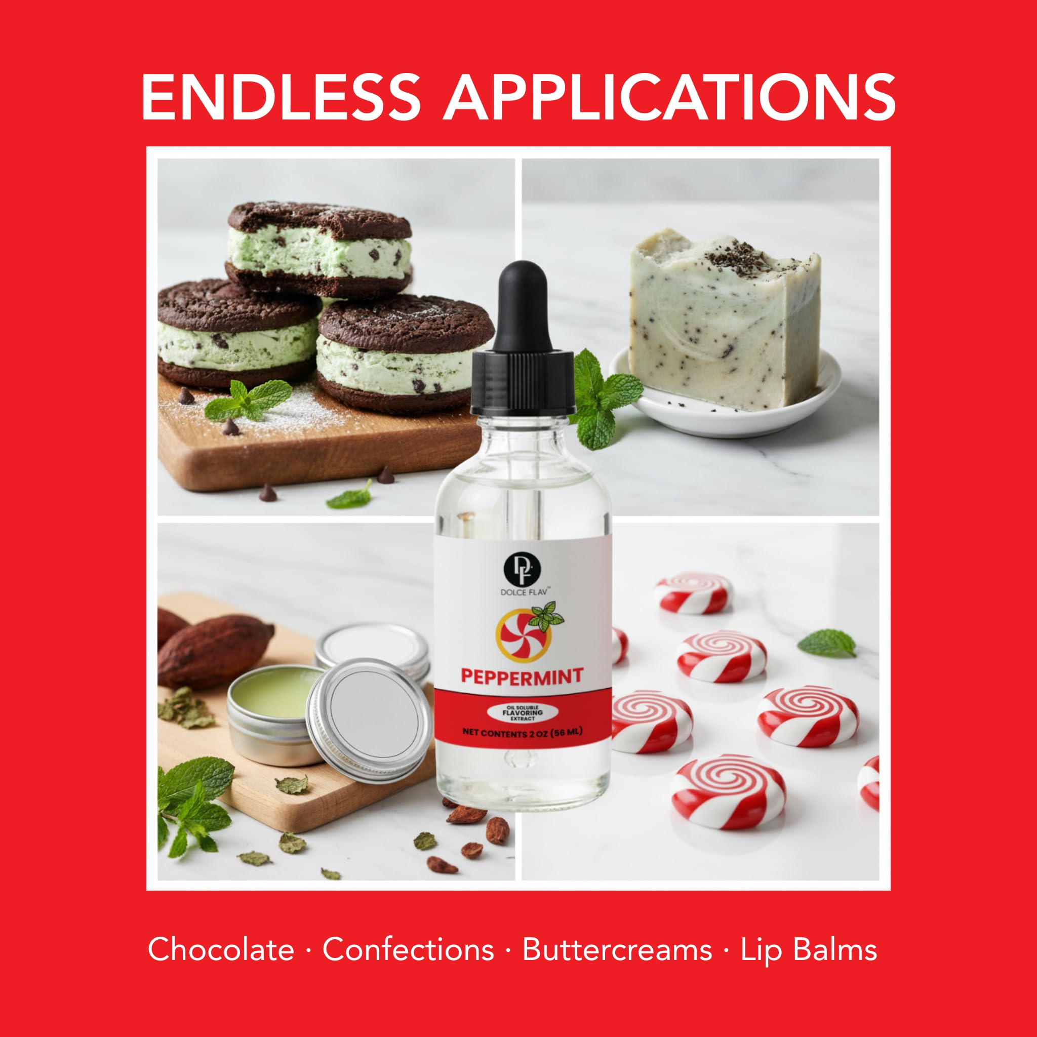 Dolce Flav Peppermint Extract bottle-on-counter suggests versatile culinary use.