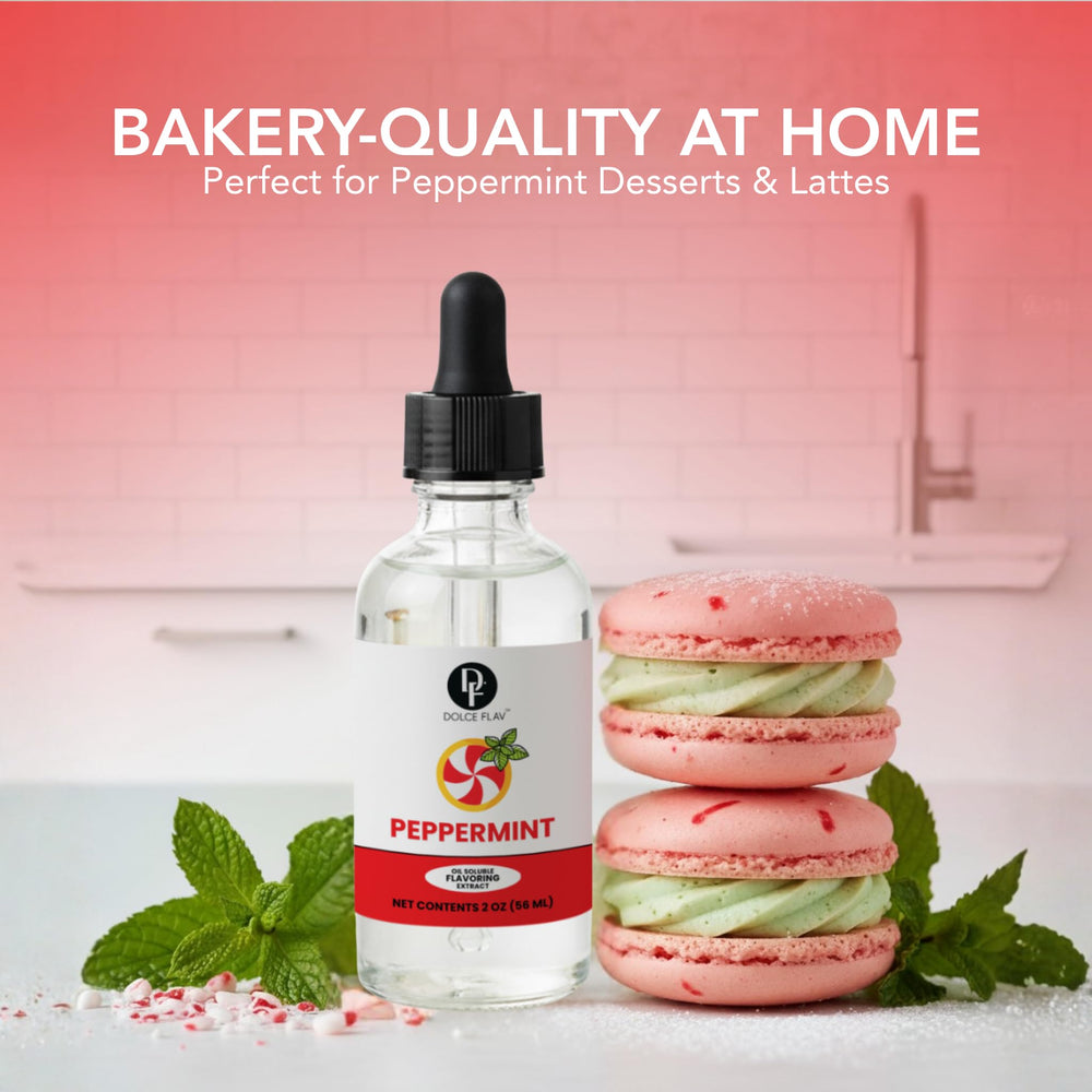 Dolce Flav Peppermint Extract kitchen-setup hints at baking and beverage versatility.