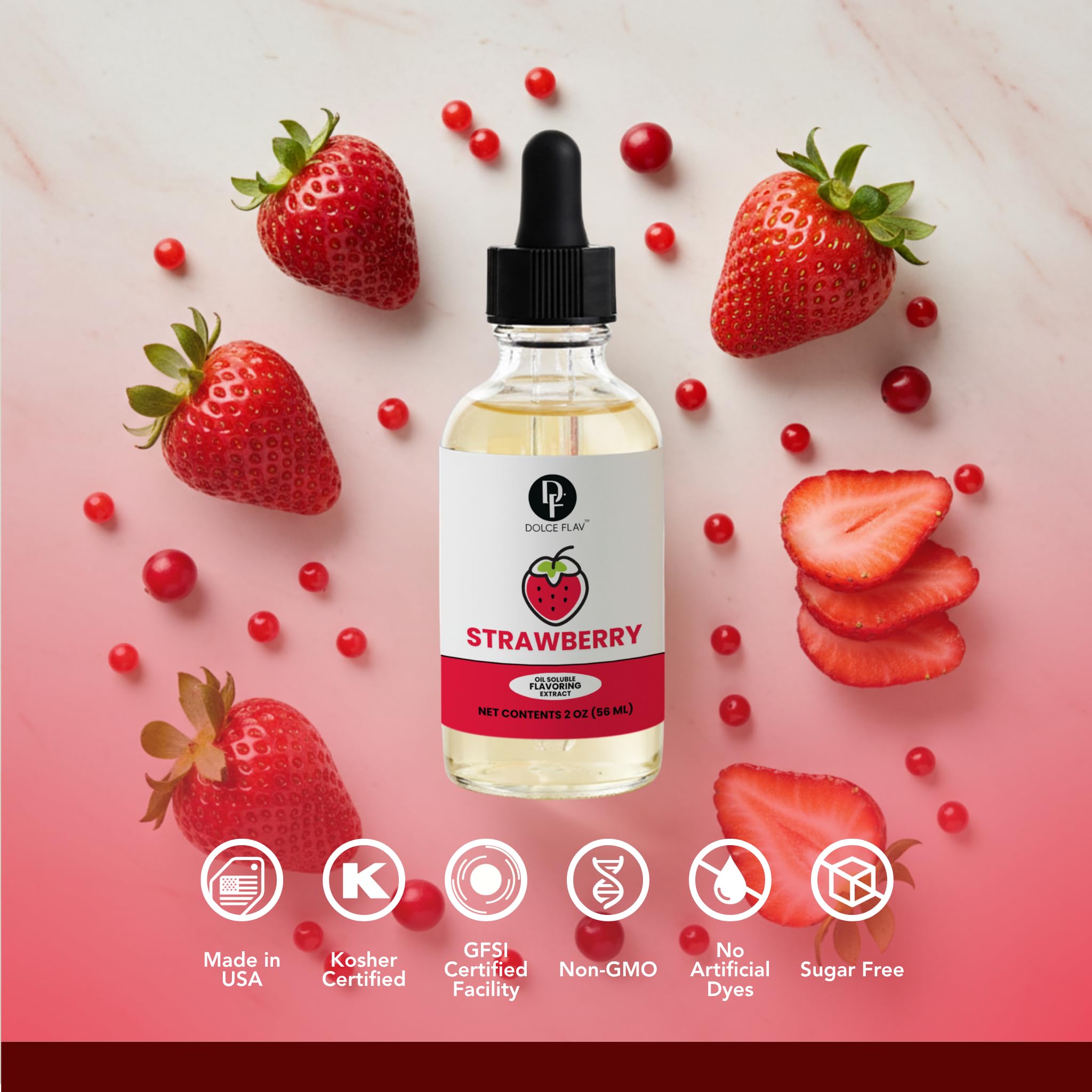 Dolce Flav Strawberry Extract intensifies flavor in candies.