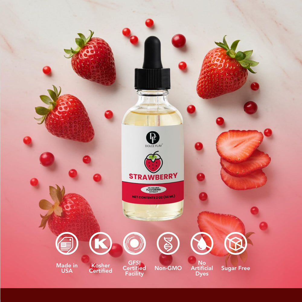 Dolce Flav Strawberry Extract intensifies flavor in candies.