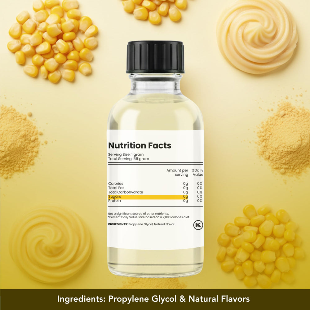 Dolce Flav dropper dispensing corn flavor for sugar-free beverages and desserts.