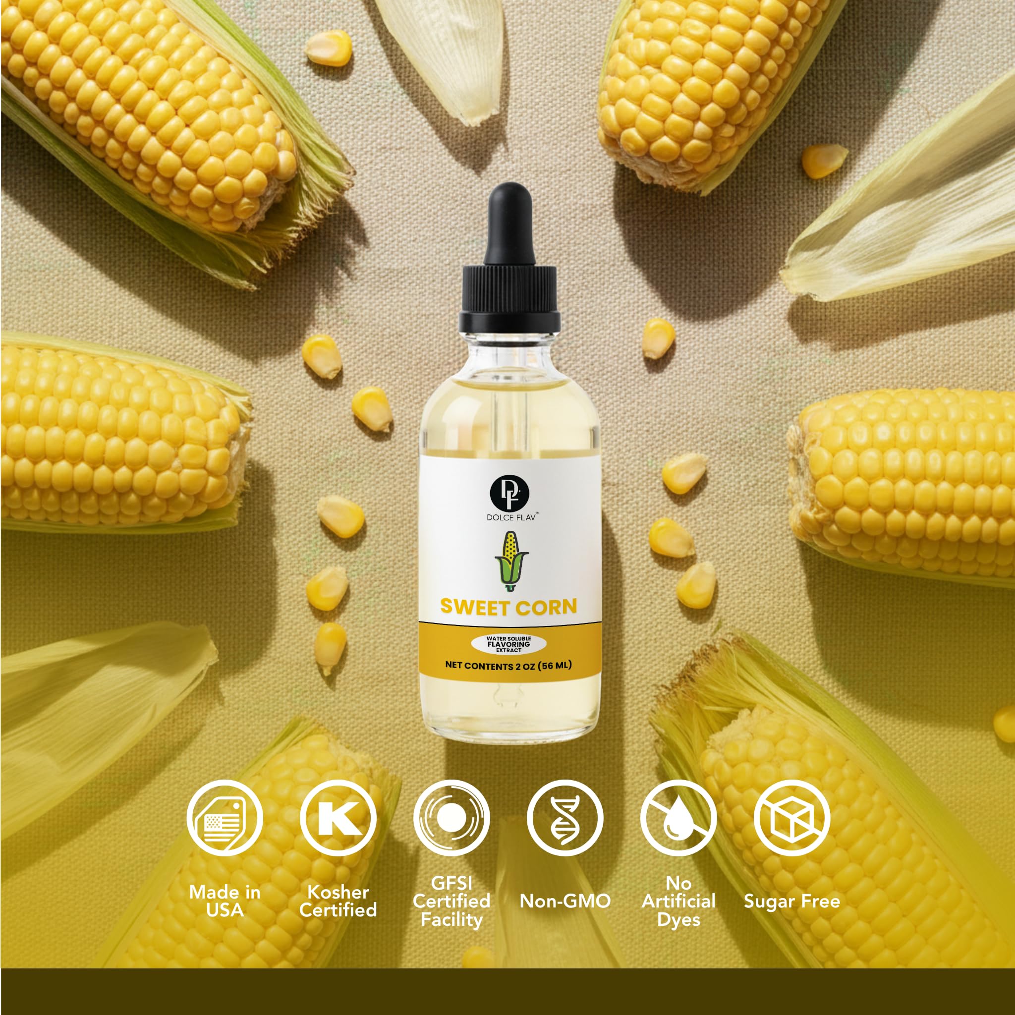 Dolce Flav sweet corn extract bottle with American-made label and kosher certification.