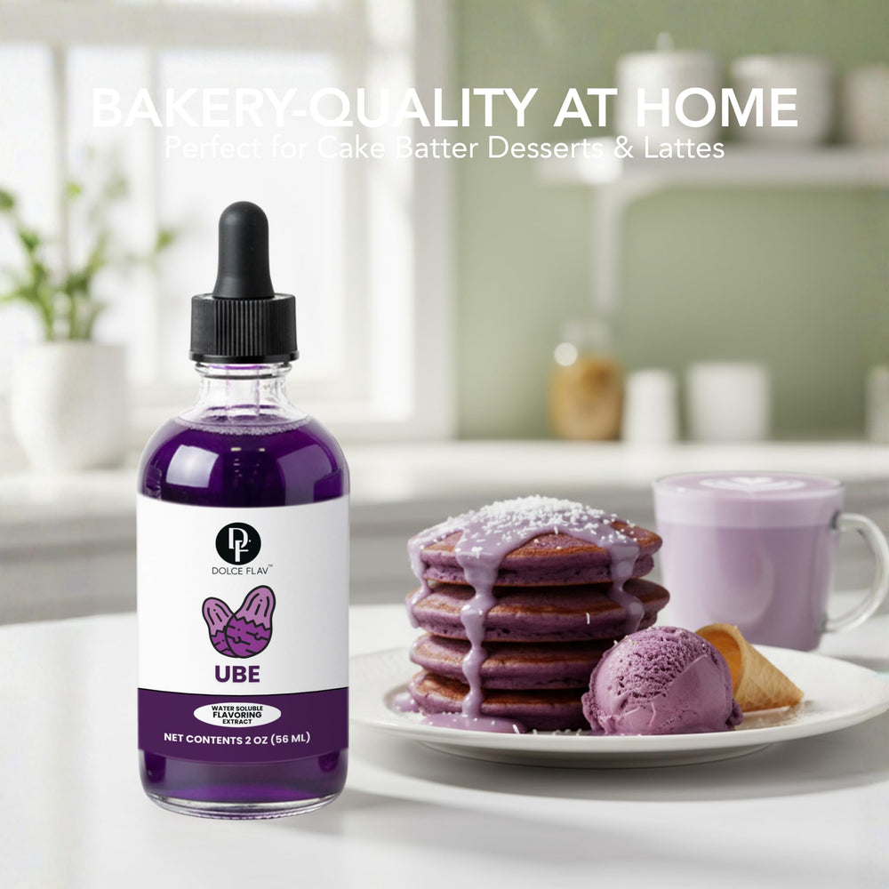 Dolce Flav Ube Frosting topping provides lush color and smooth texture.