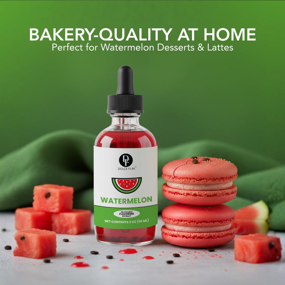 Baking setup using Dolce Flav Watermelon Extract for cakes and cookies.
